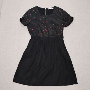 Satiny Black Dress Colorful Bird Print Sleek  Sophisticated Classy Chic Sz 0